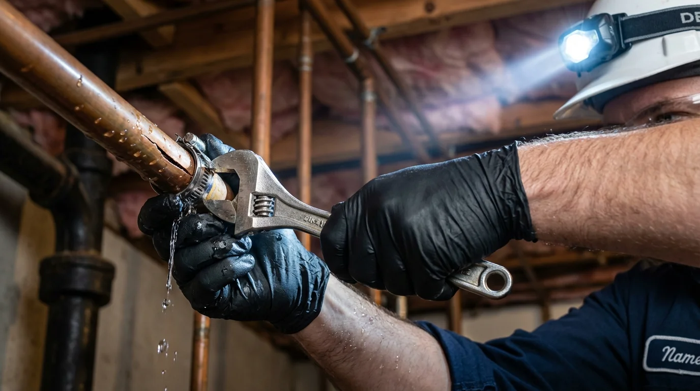 Emergency pipe clamp repair being performed by a Johns Plumbing LLC plumber in Roscommon