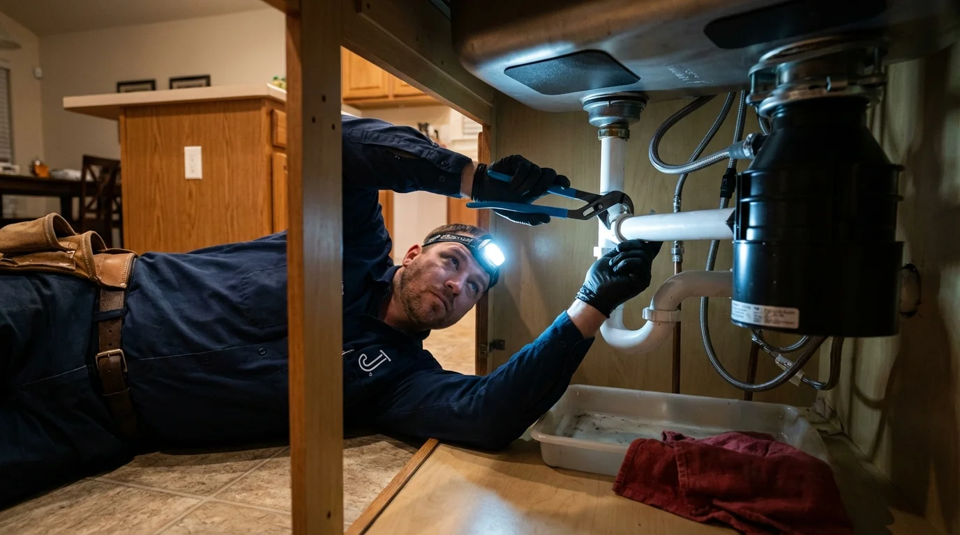P-trap and supply line connections under a kitchen sink showing a common leak point in Roscommon, MI